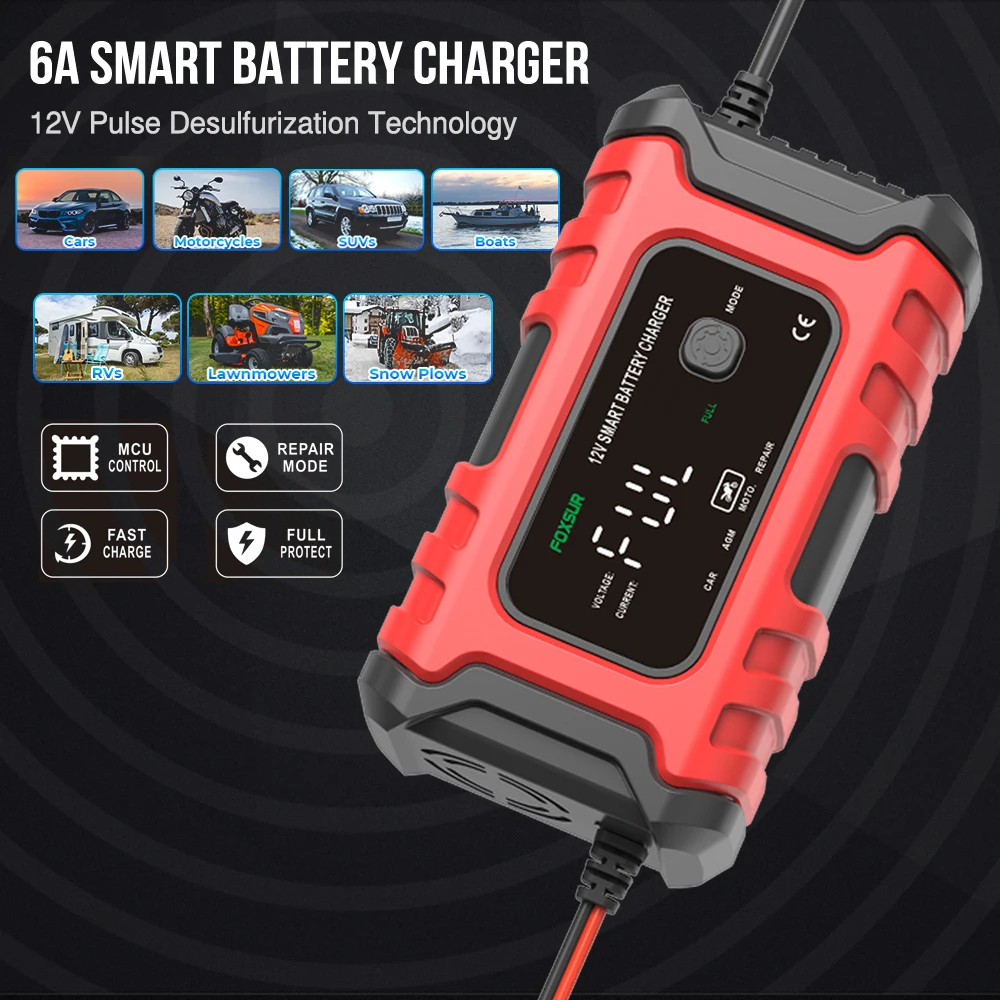 FOXSUR Trickle Charger 12V 6A for Motorcycle Car Lawn Mover SUV RV Automotive Smart Battery Charger for GEL AGE Lead Acid Repair
FOXSUR Trickle Charger 12V 6A for Motorcycle Car Lawn Mover SUV RV Automotive Smart Battery Charger for GEL AGE Lead Acid Repair