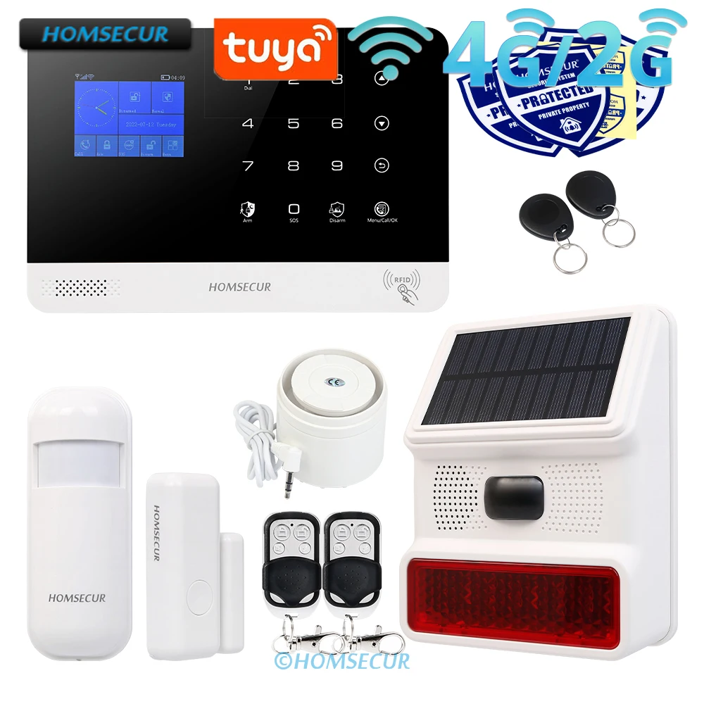 

HOMSECUR Wireless WIFI 4G GSM RFID SMS Autodial Burglar Intruder Alarm System+Wireless Solar Outdoor Flash Siren+PIR+Door Sensor