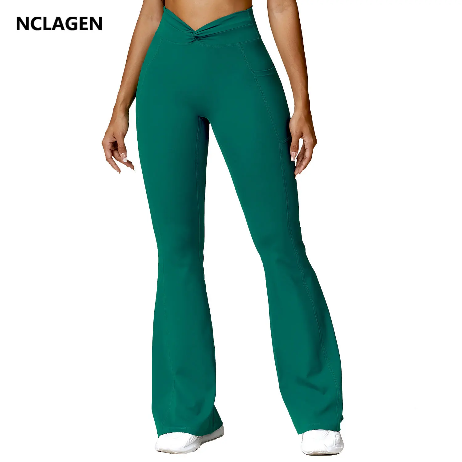 

NCLAGEN Yoga Pants Women's Pocket Hip Lifting High Waist Sports Wide Leg Flare Pants Leisure Fitness Micro Flare Bell-bottoms