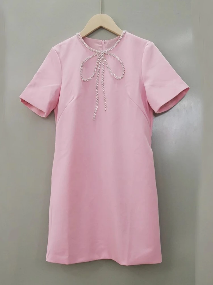 

VERDEJULIAY Elegant Mini Dress For Women Designer Fashion Summer Luxury Bow Diamonds Beading Pink Black Beige Elegant Solid