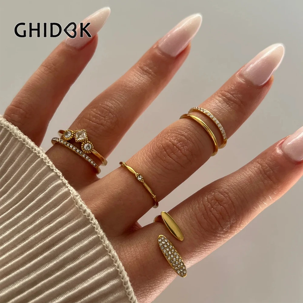 

GHIDBK Trendy 4 Designs Gold Plated Double Layers Cz Zircon Ring Wedding Band for Women Stainless Steel Anti-Tarnish Jewelry