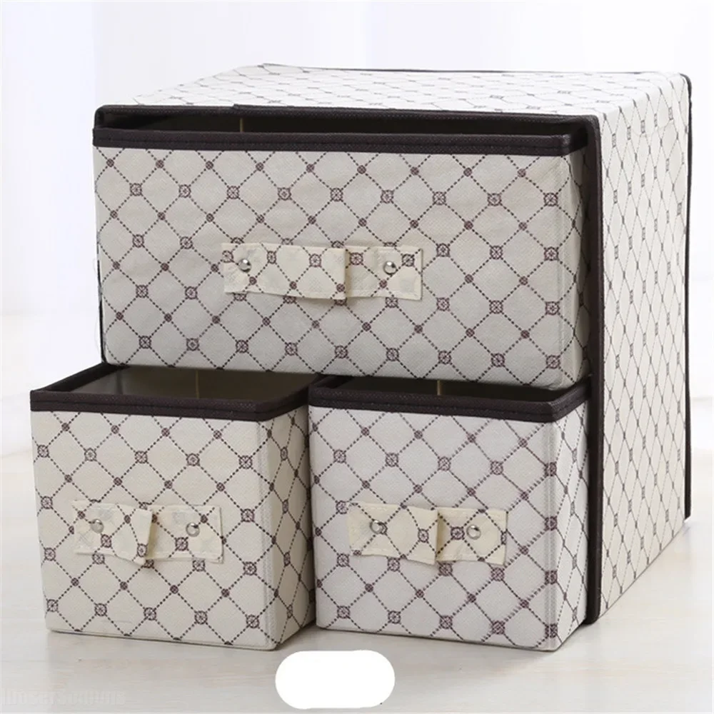 

2024 New High Quality Non-woven Folding Storage Box with 3 Drawers Thickened for Underpants Socks Bras Sundries