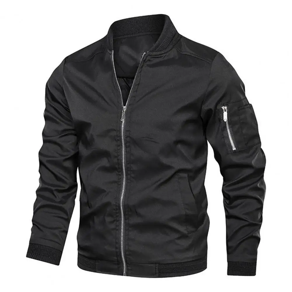 

Solid Color Jacket Men Jacket Stylish Men's Autumn Jackets Stand Collar Coat with Ribbed Cuffs Zipper Placket Outwear