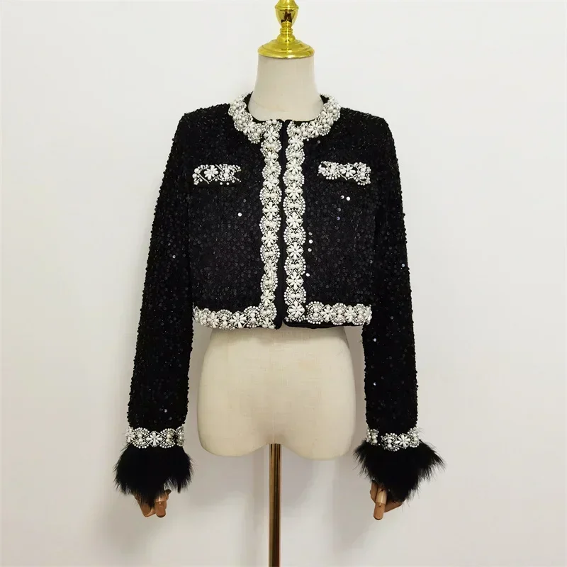 

High Street 2024 New Fashion Fall Winter Womens Full Sleeve Embroidered Flares Diamonds Feathers Sequins Pearls Black Jacket