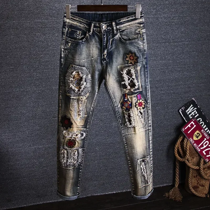 

Trousers Torn Men's Jeans Embroidery Man Cowboy Pants with Holes Graphic Broken Ripped Cropped Retro Luxury Plus Size Cheap Goth