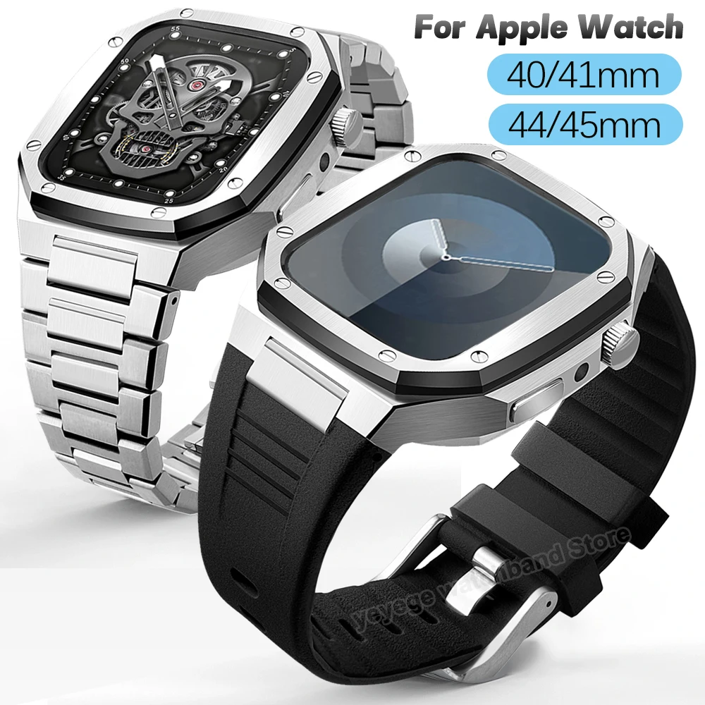 

Luxury Mod Kit Stainless Steel Strap Case for Apple Watch Band 9 8 7 6 SE 5 4 45mm 44mm 40mm 41mm Metal Bezel Set IWatch Series