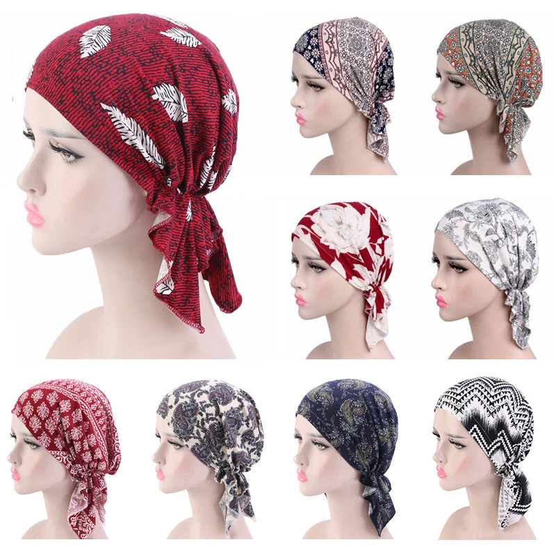 

Cotton Pre-Tied Hat Chemo Cap Women Muslim Inner Hijab Beanies Bonnet African Print Hair Loss Headscarf Turban Hat Wrap Bandanas