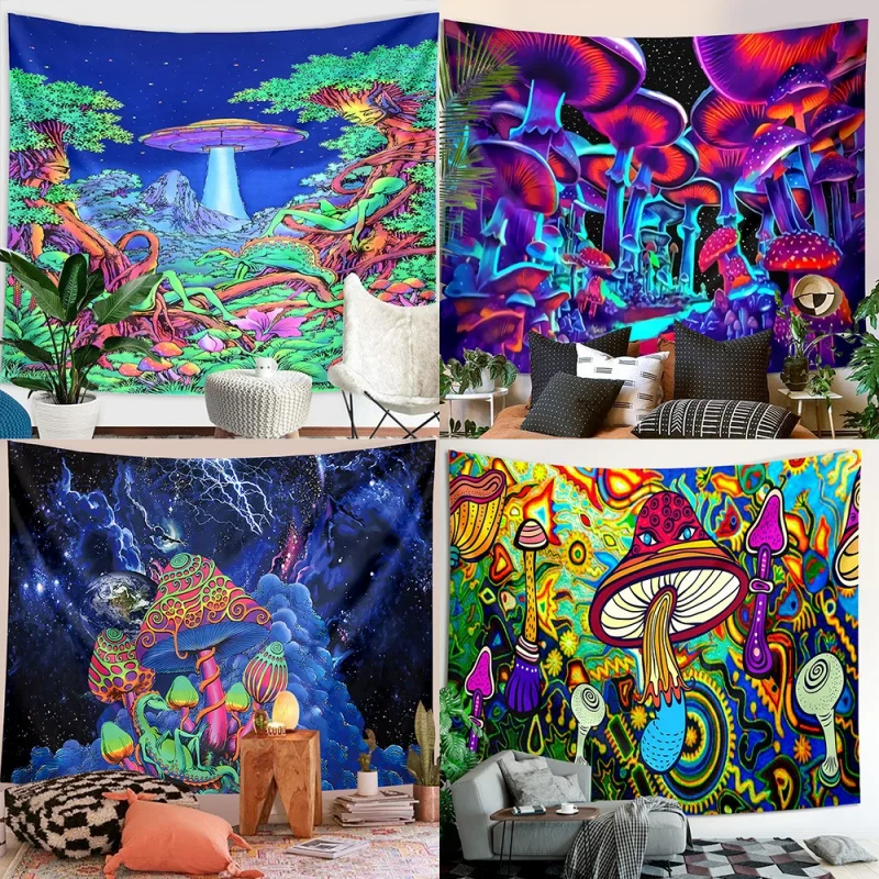 

3D Mushroom Tapestry Cross-Border Mushroom Forest Psychedelic Hanging Cloth Hippie Colorful Wall Hanging Home Decorative Backgro