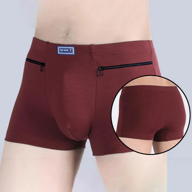 

Men's Pockets Underwear Anti-Theft Briefs Boxer Panties Two Zippers Pockets Cotton Underpants Male Boxers Briefs Booty Shorts