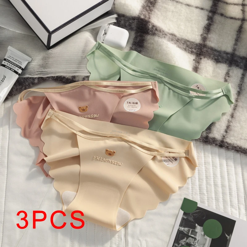 

3PCS Fashion Traceless Women's Panties Cute Bear Briefs Ice Silk Sweet Lingerie Woman Underpanties Underwear Female Triangular