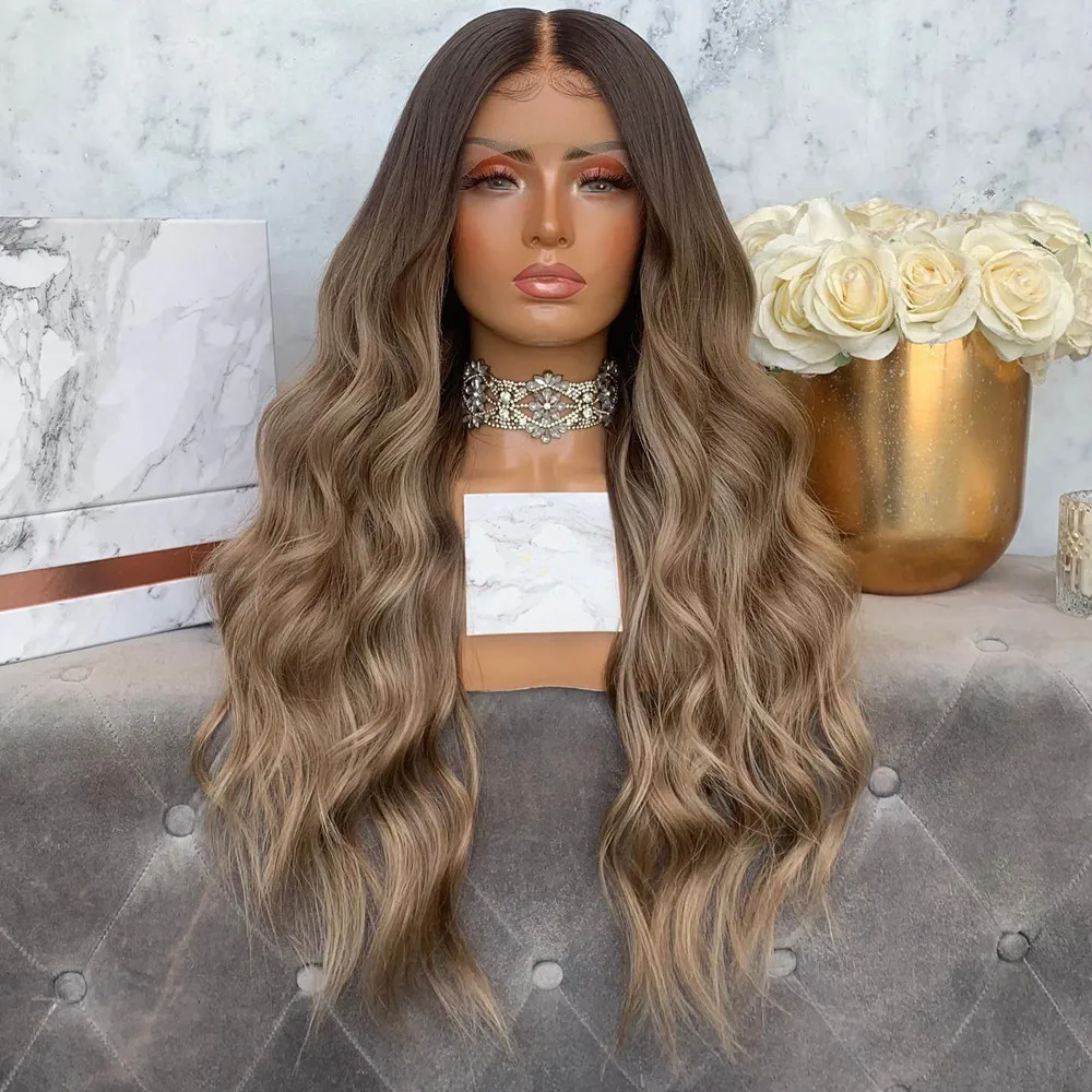 

Glueless 13x4 Ombre Brown Highlights with Dark Roots 13x6 HD Lace Frontal Human Hair Wigs for Women Pre plucked Natural Wave Wig