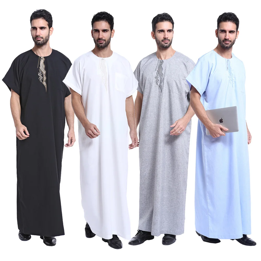

Islam Men Short Sleeve Jubba Thobe Clothes Dress Robe Muslim Turkey Thoub Saudi Arab Traditional Kaftan Abaya Dubai Eid Ramadan