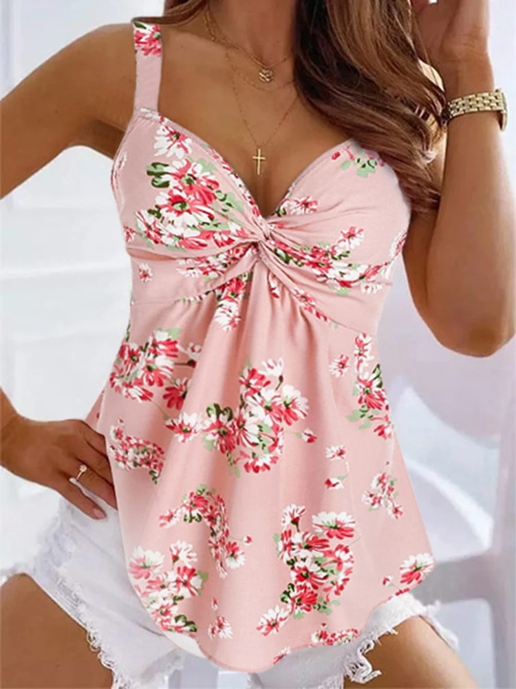 

Women’s Sexy Twist Front Floral Ruffled Camisole Cute Ruched Tank Top Summer Casual Sleeveless Shirt Loose Fit Cami Top 2023