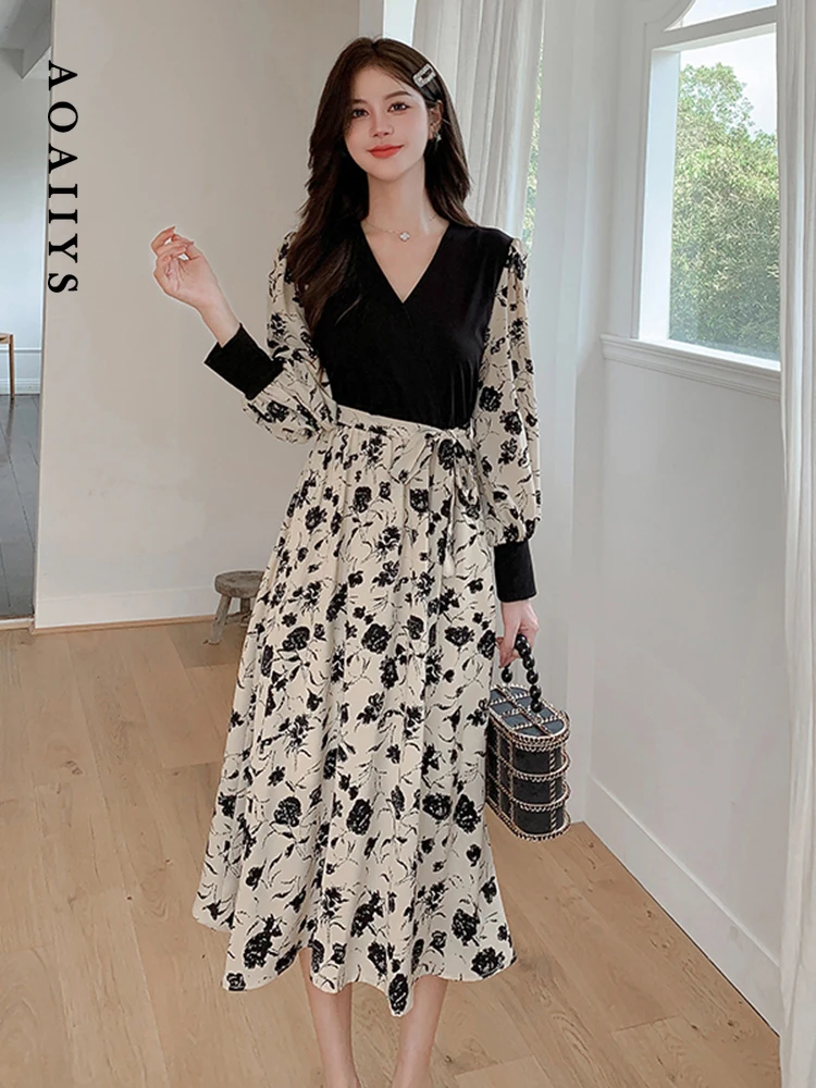 

Aoaiiys Dresses for Women Dress 2023 Autumn Spliced Slim Floral A-Line V-Neck High Waisted Dresses Designer Mid-Calf Clothing