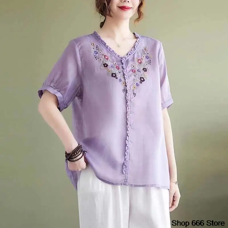 Short Sleeve Thin Cotton Linen Shirt Embroidered Loose Vintage Chinese Style Women Top Summer Comfortable Traditional Hanfu
Short Sleeve Thin Cotton Linen Shirt Embroidered Loose Vintage Chinese Style Women Top Summer Comfortable Traditional Hanfu