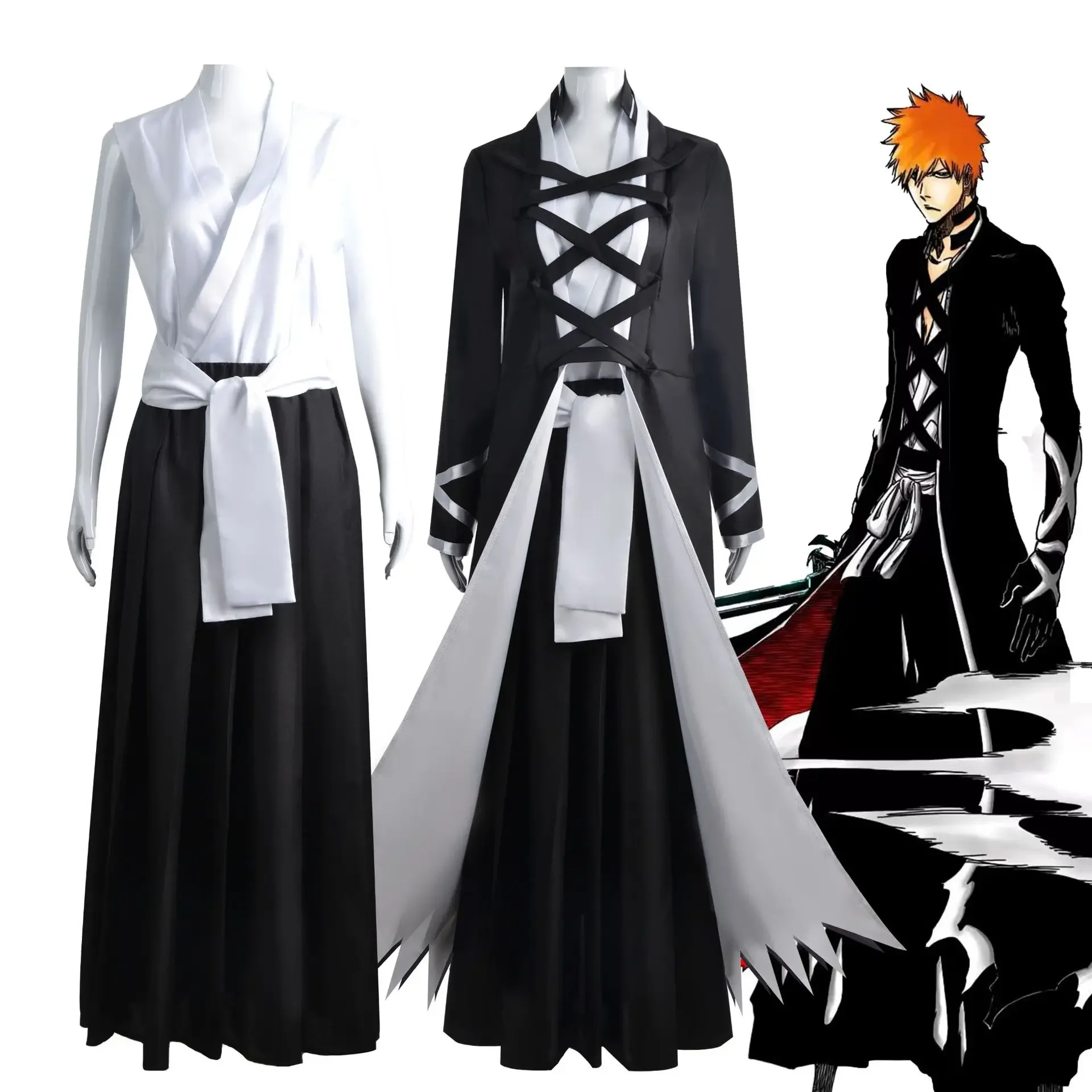 

Anime Bleach Kurosaki Ichigo Cosplay Costume Thousand-Year Blood War Wig Black Shinigami Attire Outfit Uniform Halloween Men Set