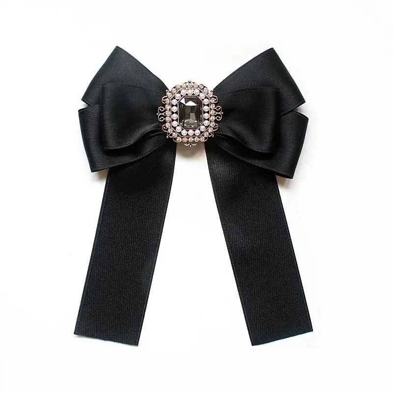 

Black Vintage Crystal Big Bowknot Ribbon Shirt Pre-tied Bow Neck Tie Brooches Lapel Pins for Women Girls Elegant Rectangle