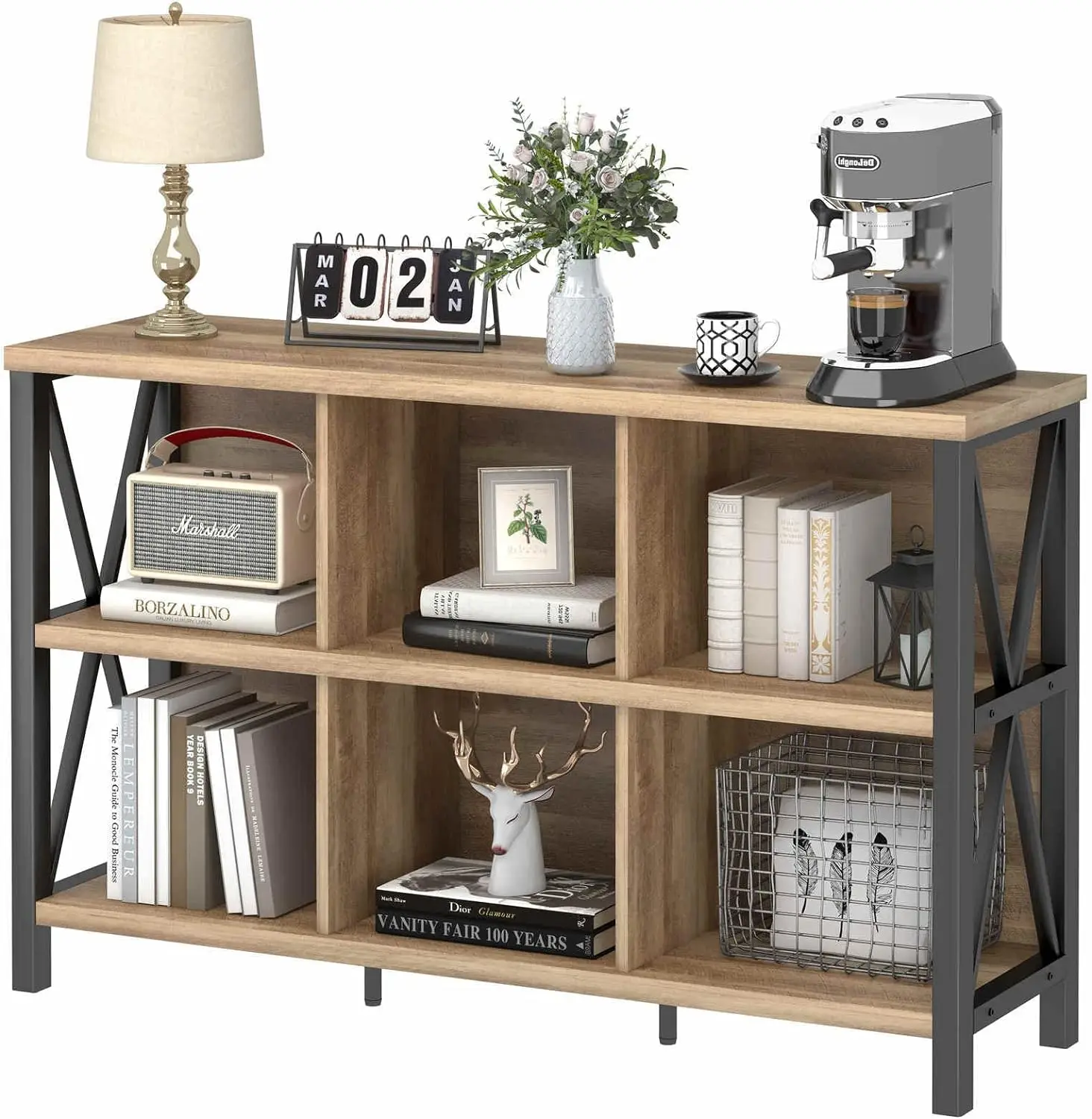 

FATORRI 6 Cube Storage Organizer with Shelf, Long Wood and Metal Cubby Bookcase, Industrial Horizontal Bookshelf (Rustic Oak, 47