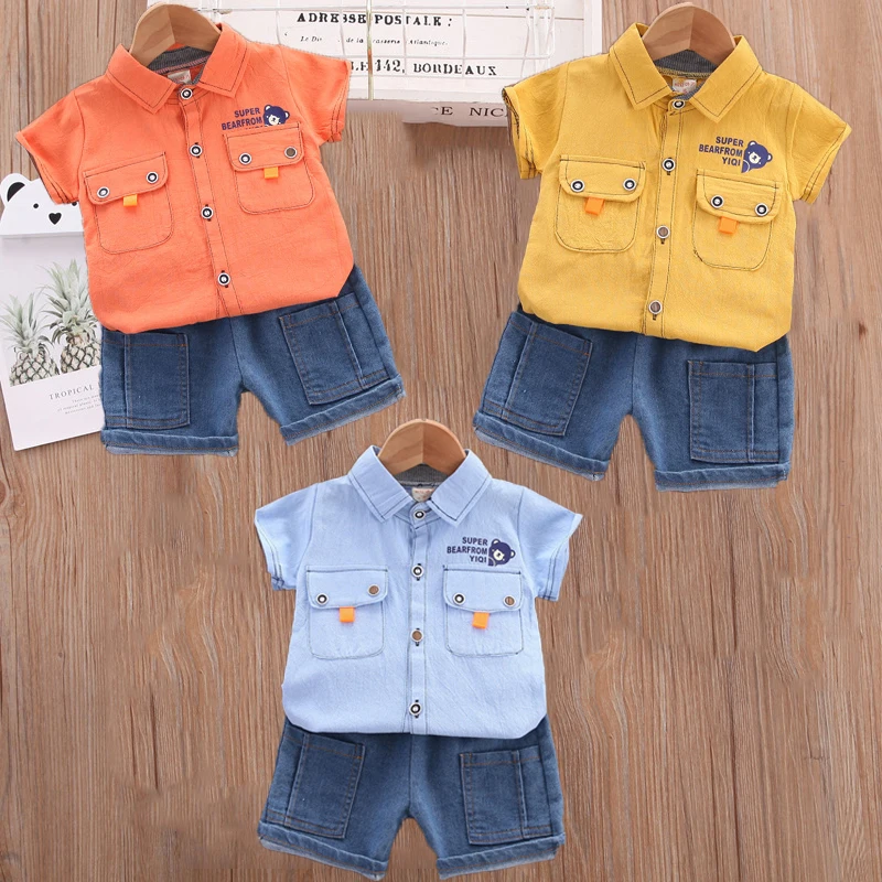 Infants Baby Boys' Shirts Short Sleeved Clothes Set Children Yellow Blue Orange Shirt Denim Shorts Group Sets Kids Causal Wear
Infants Baby Boys' Shirts Short Sleeved Clothes Set Children Yellow Blue Orange Shirt Denim Shorts Group Sets Kids Causal Wear