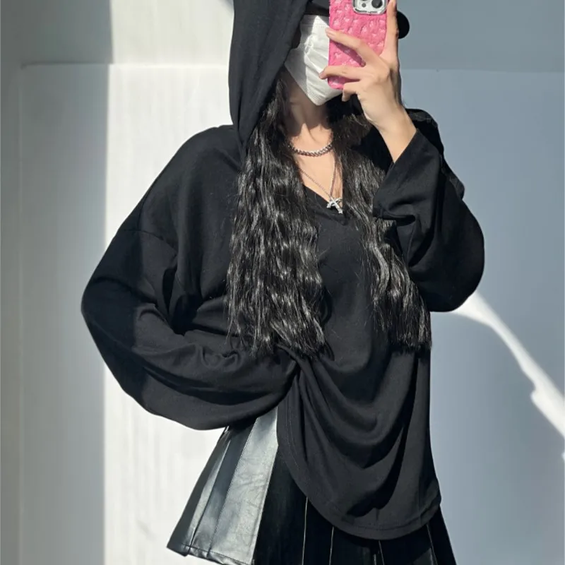 

High Cold Drag Sister Waste Soil Style Hooded T-shirt Sports Sweater Spring and Autumn Long Sleeve Bottoming Top Women