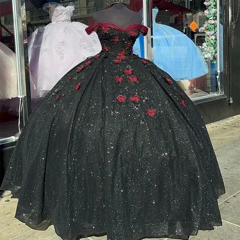 

Черные блестящие платья принцессы Quinceanera бальное платье с открытыми плечами аппликации милые платья 16 лет мексиканские 15 лет