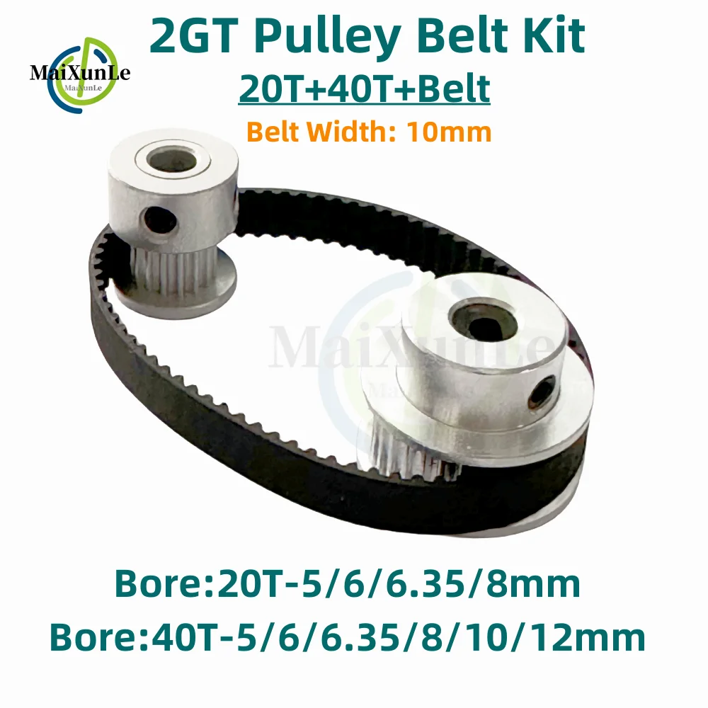 

2GT Timing pulley set 2:1 reduction ratio transmission component GT2 Pulley Belt Kit 40T 20Teeth Belt Width 10mm Bore 3~12mm