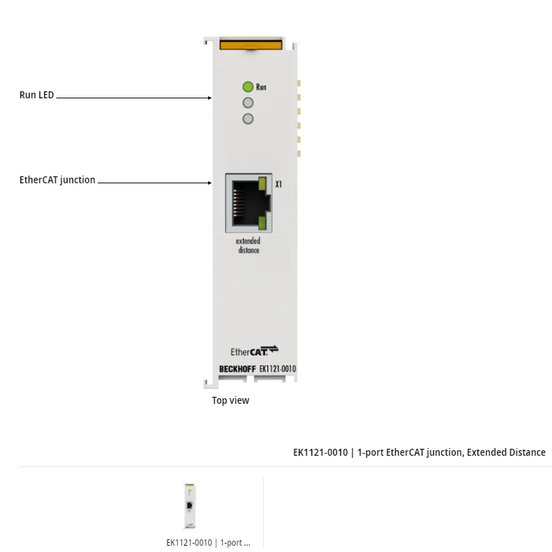 Beckhoff new and original EK1121-0010 | 1-port EtherCAT junction, Extended Distance
Beckhoff new and original EK1121-0010 | 1-port EtherCAT junction, Extended Distance