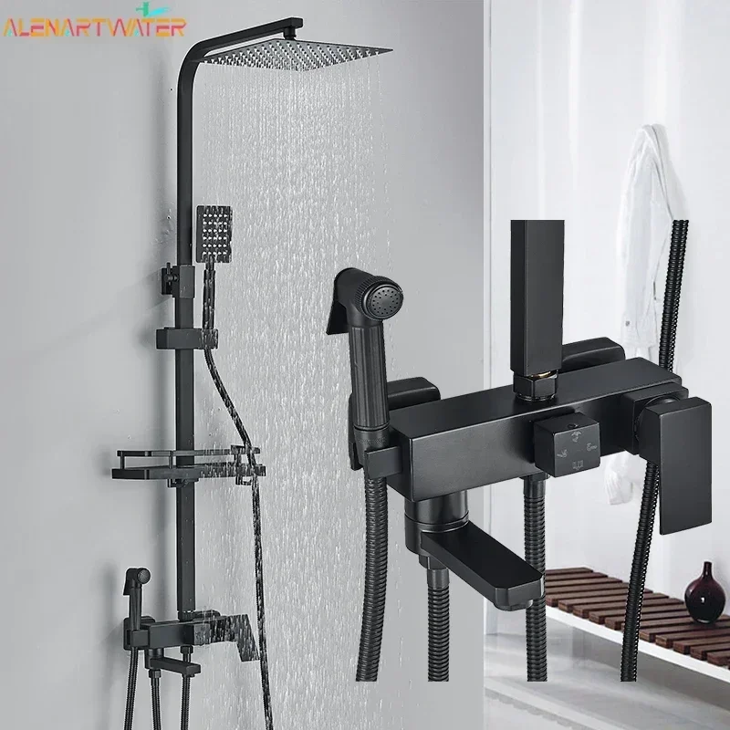 

Brass Faucets Bathroom Mixer Crane Bidet Faucet Rainfall Set Shower Spray With Shelf,Black/Chrome