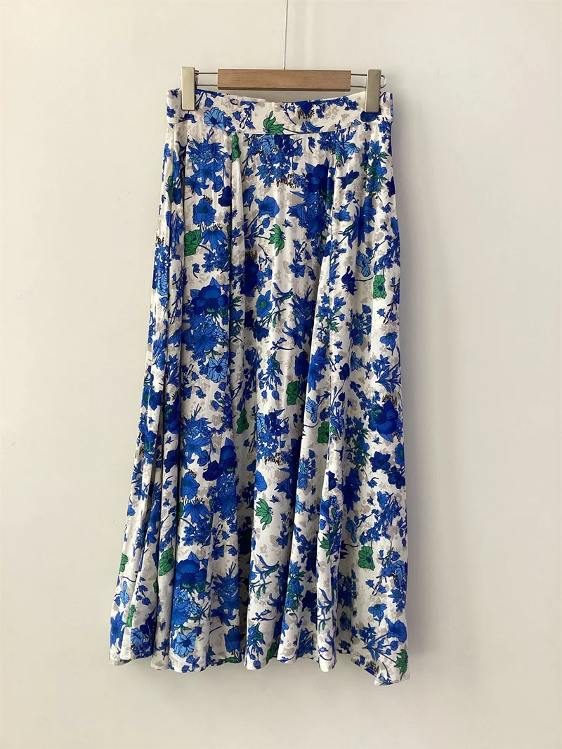 

Summer New 2024 Women's Blue Floral Print Skirt Back Zip High Waist Ladies Fashion Pleated Midi Jupe