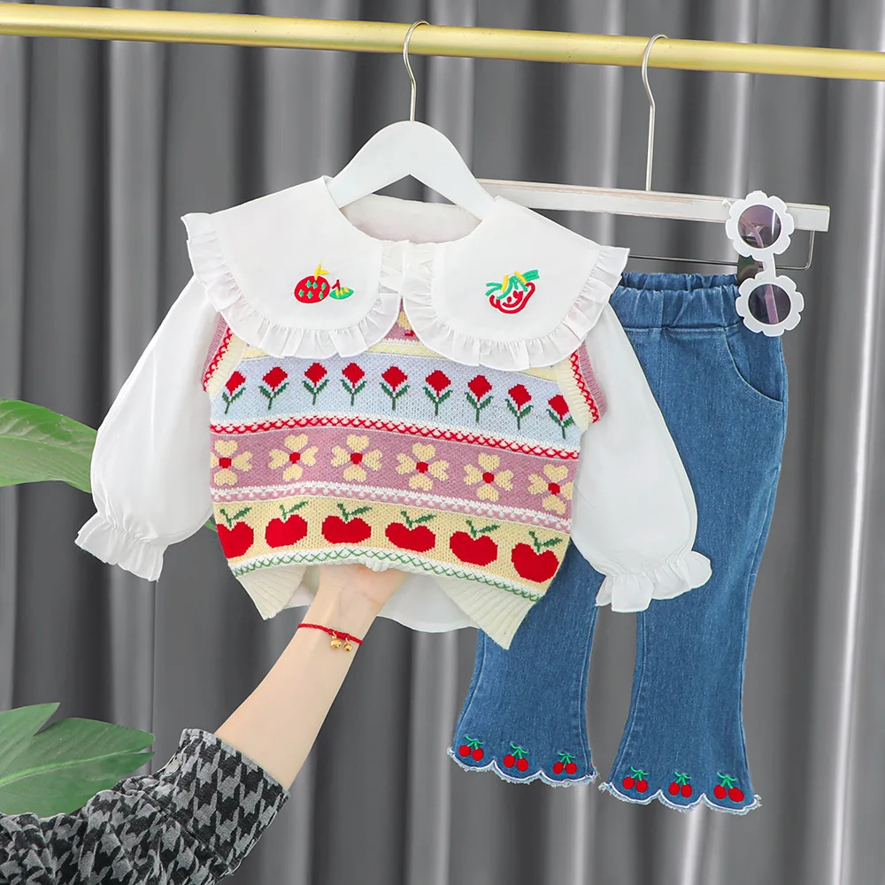 3pcs Children Clothing Set Flower Knit Vest Denim Pants Baby's Sets Kids Autumn Outfit Sports Suit Toddler Girls Child Clothes
3pcs Children Clothing Set Flower Knit Vest Denim Pants Baby's Sets Kids Autumn Outfit Sports Suit Toddler Girls Child Clothes