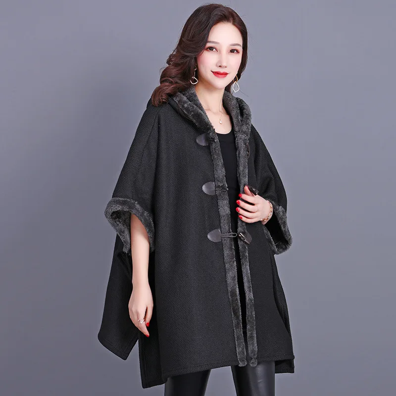 

Autumn Winter New Knitted Shawl Coat Cardigan Imitate Cashmere Thickening Inside Poncho Fashionable Upscale Capes Black Cloaks