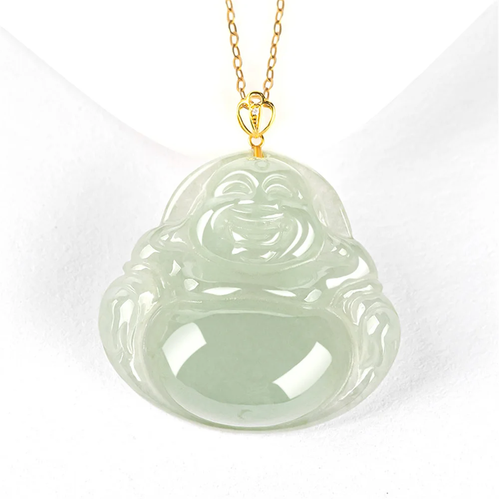 

18K Gold Natural Ice Green Jadeite Carved Laughing Buddha Lucky Pendant Amulet Necklace Certificate Luxury Jade Vintage Jewelry