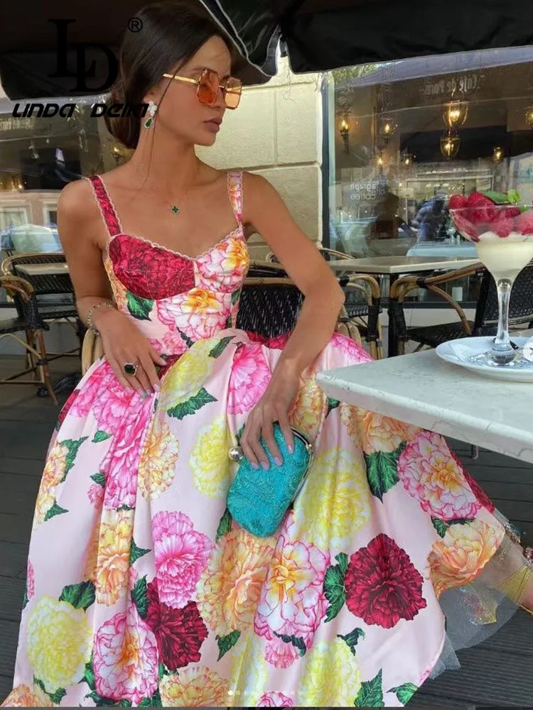 

LD LINDA DELLA 2023 New Summer Runway Fashion Dress Women's Bohemia Vacation Floral Print Sexy Spaghetti Strap Long Dresses