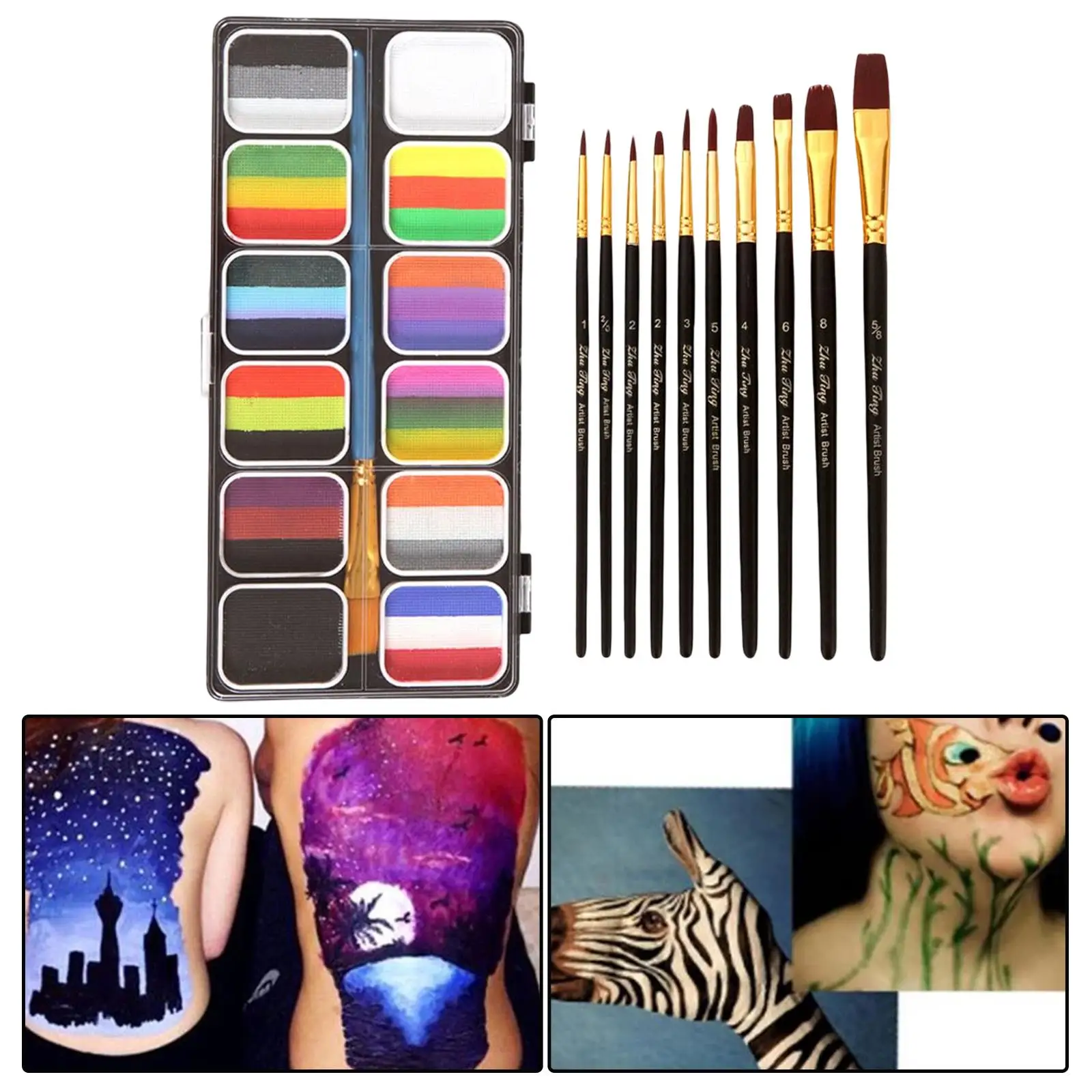 

12 Grid Face Body Paint with 10 Brushes Special Effects Paints Palette Face Painting Kit Professional for Party Stage Costume