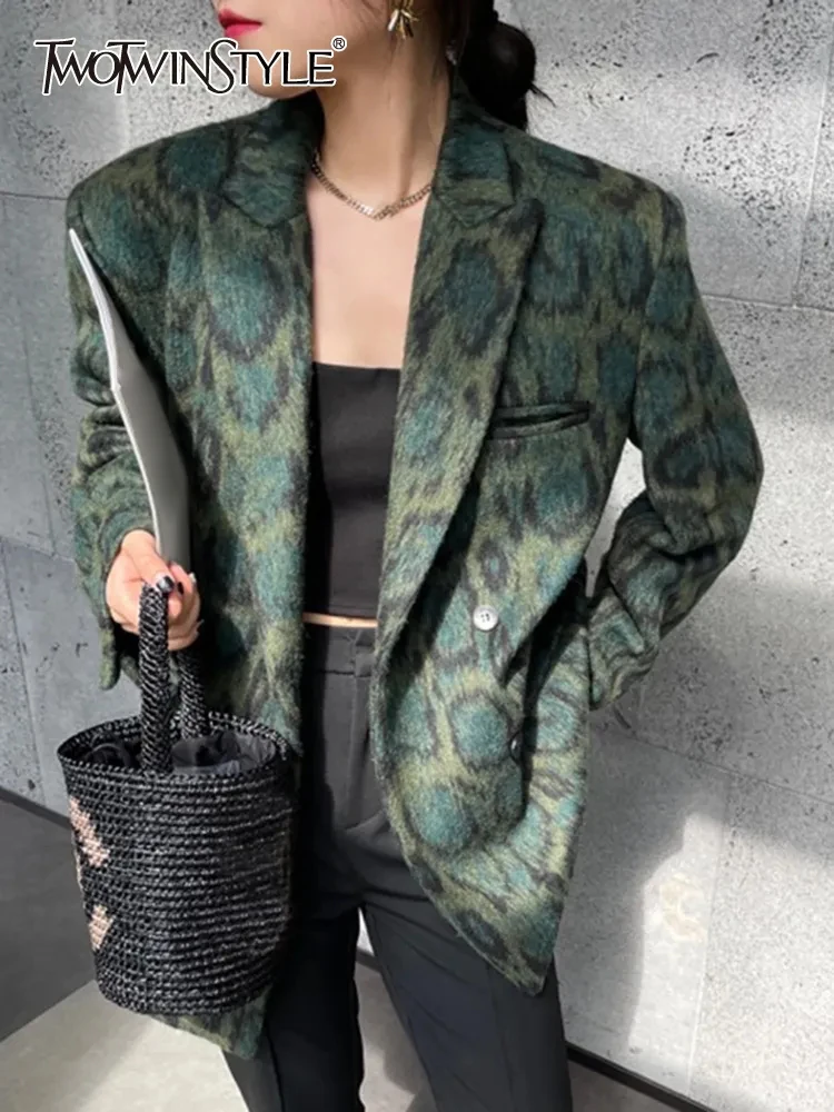 

TWOTWINSTYLE Green Leopard Graphic Female Blazer Notched Long Sleeve Temperament Colorblock Loose Women's Coat 2022 Winter New