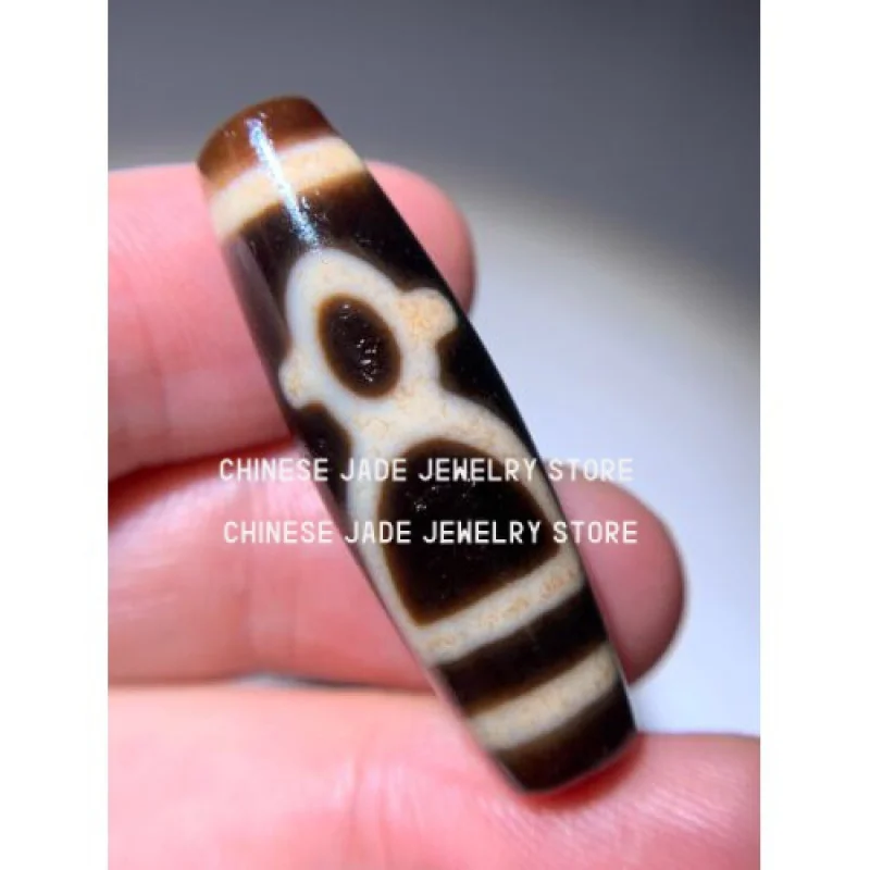 

Tibetan Old Agate Dzi Bead " Wealth God " Amulet Pendant 38mm x 11.5mm