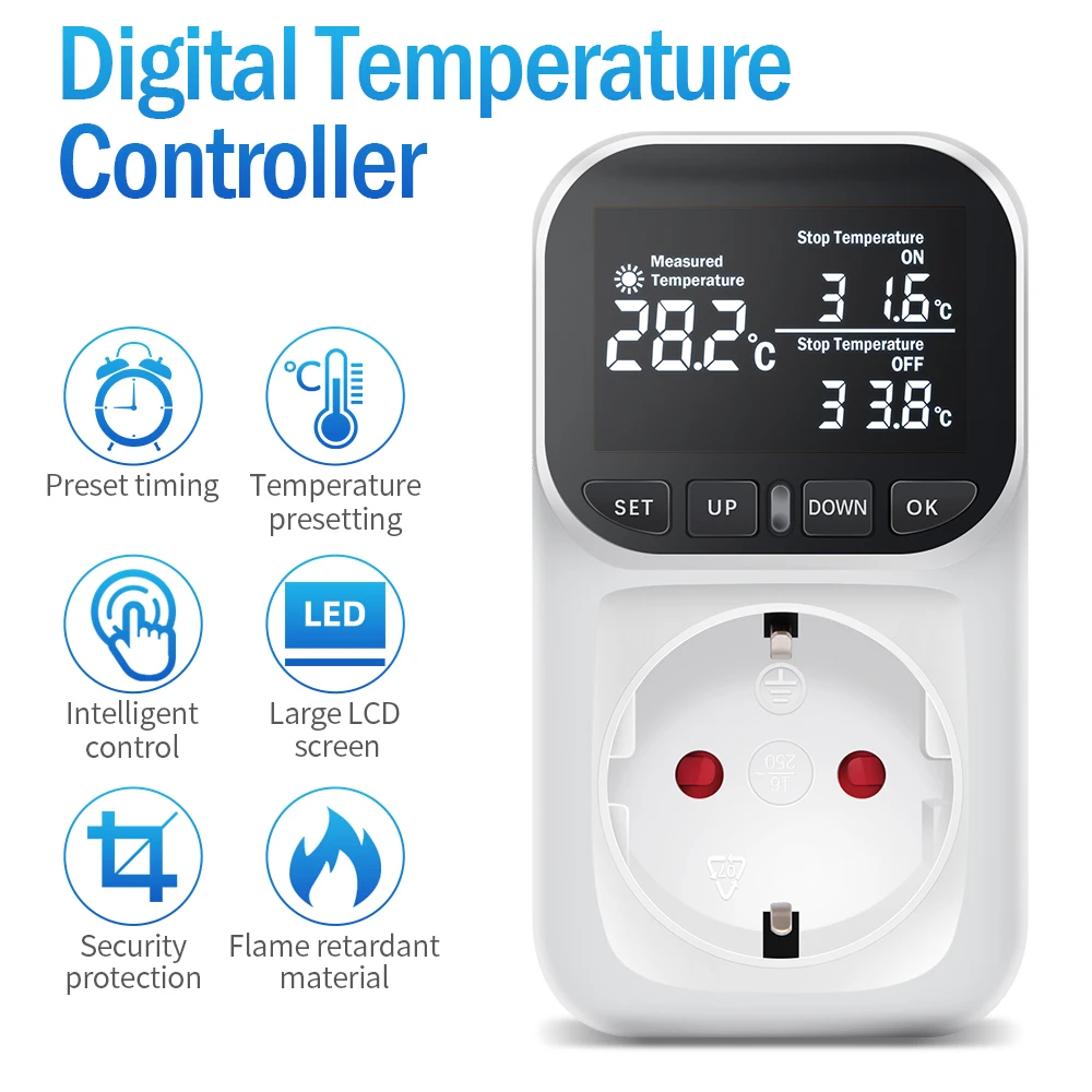 220V Temperature Controller Socket EU Plug LCD Display Digital Thermostat Preset Timer Switch Cooling Heating Temperature Sensor
220V Temperature Controller Socket EU Plug LCD Display Digital Thermostat Preset Timer Switch Cooling Heating Temperature Sensor