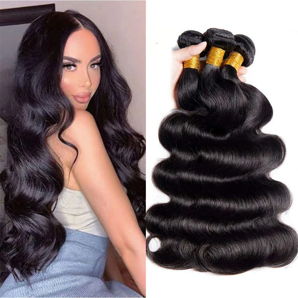 

Indian Remy Hair Body Wave 3 Bundles 10A Grade 100% Human Hair Extensions Wavy Double Drawn Weft Natural Black Color for Women