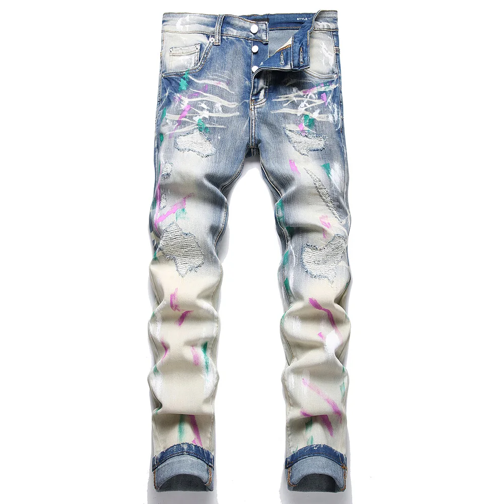 

Men Painted Ripped Denim Jeans Holes Distressed Stretch Pants Button Fly Slim Straight Trousers