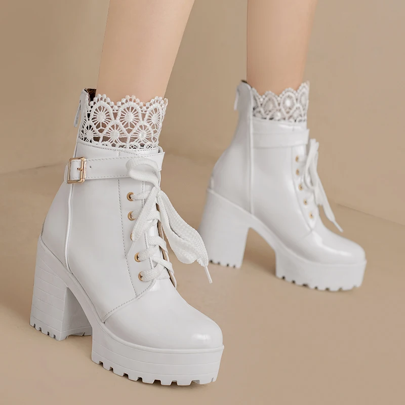

Winter New High-heeled Platform Marton Boots Waterproof Thick Bottom Cross Tied Lace Up White Women Ankle Boots Zapatos Mujer 43