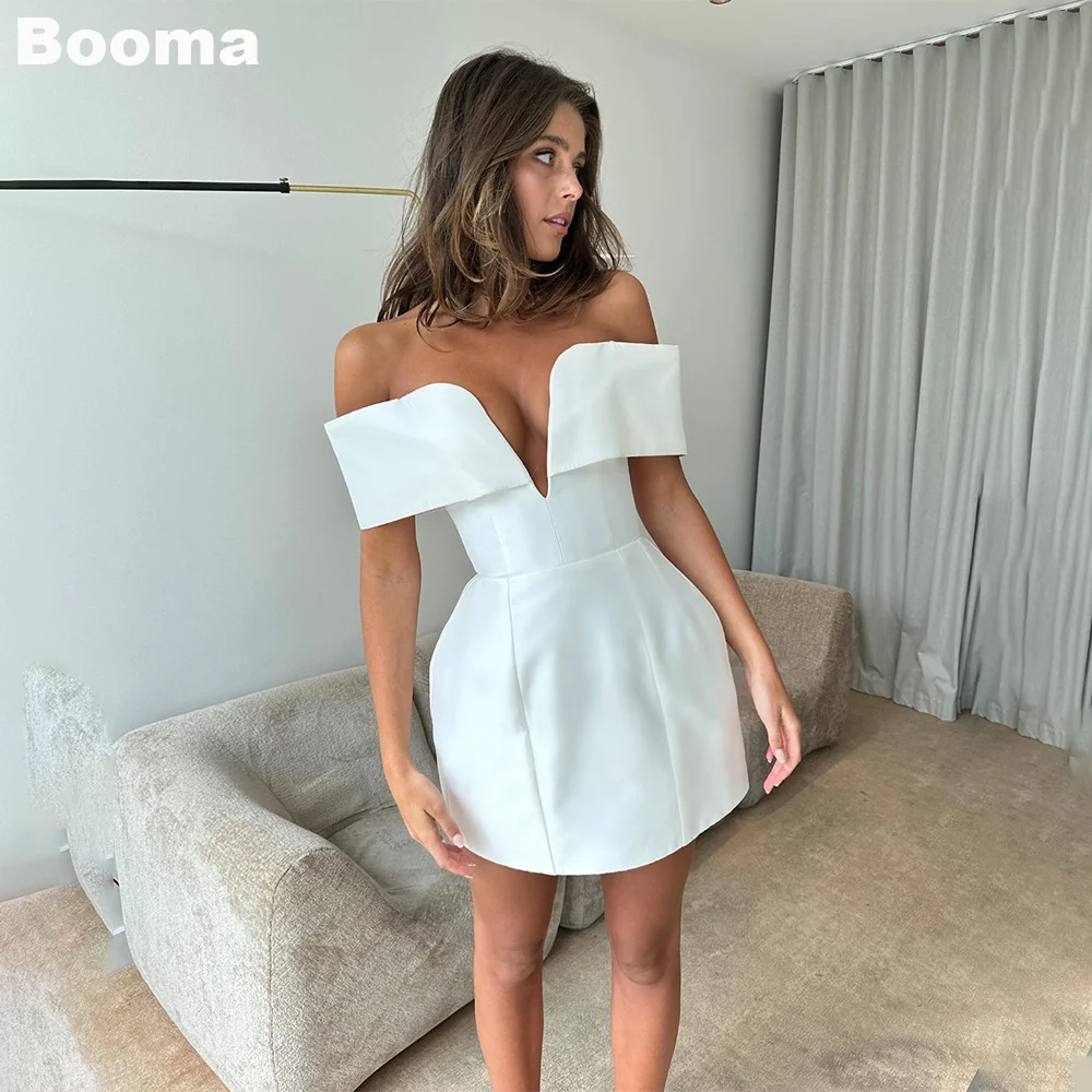 

Booma A-Line Mini Wedding Party Dresses for Women Stain Brides Dress Off Shoudler Cocktail Gowns Special Occasion Gown Outfits