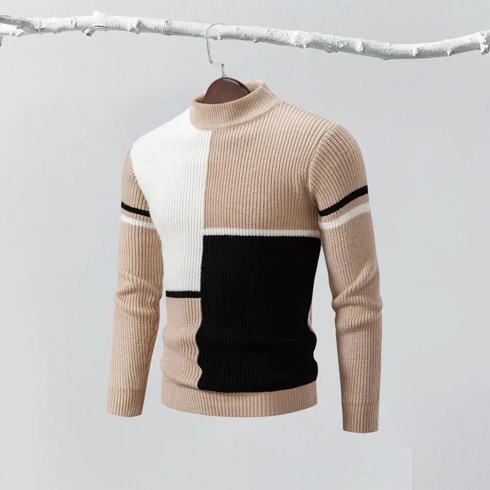

High Elasticity Sweater Colorblock Knitted Men's Sweater with Half-high Collar Slim Fit Warmth for Fall Winter Stretchy