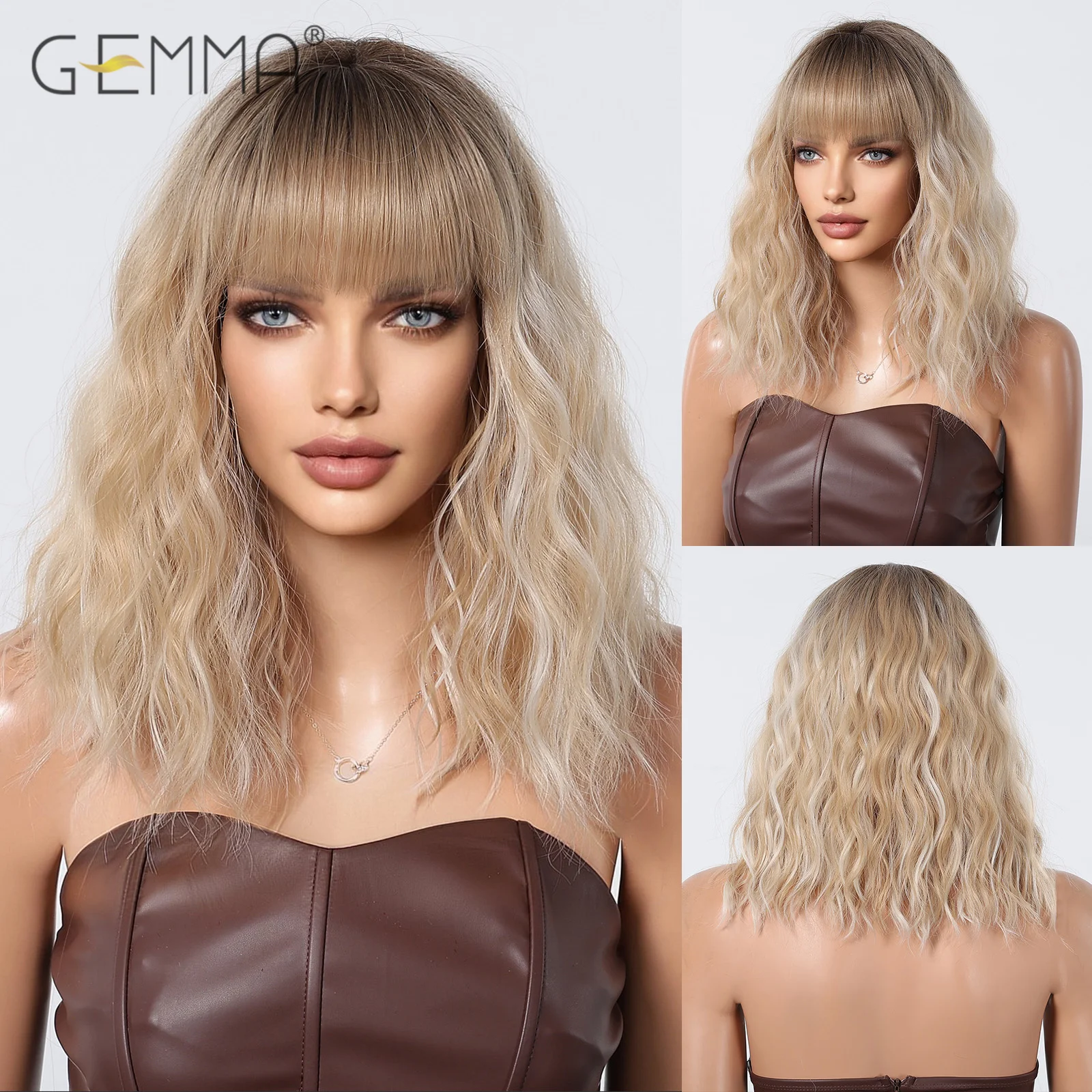 

Ombre Brown Blonde Synthetic Wig with Fluffy Bangs Short Wavy Curly Hair Wigs for Women Heat Resistant Cosplay Daily Use Hair