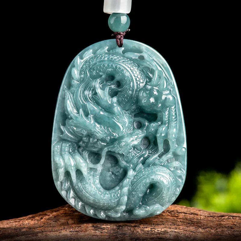 

Natural A Jade Blue Water Tyrant Dragon Brand Atmospheric Life Xiaolong Pendant Ice Jadeite Men's Charms Women's Jewelry