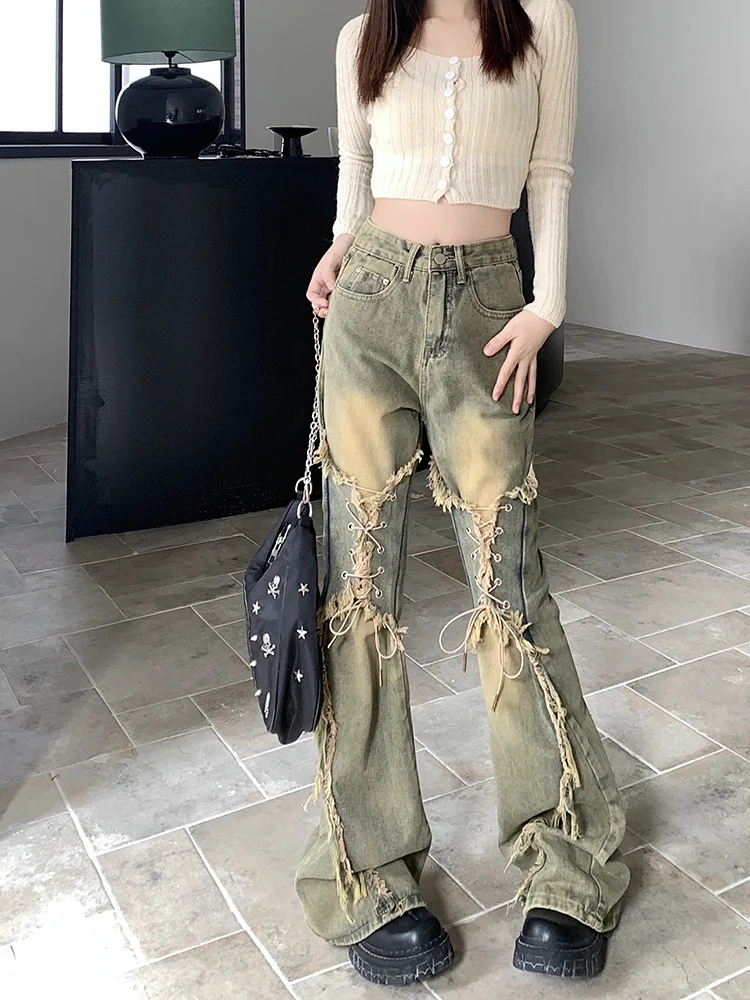 

Slergiri American Retro Frayed Trim Lace Up Flared Jeans Woman Y2k Streetwear High-Waisted Wash Distressed Denim Pants New 2024