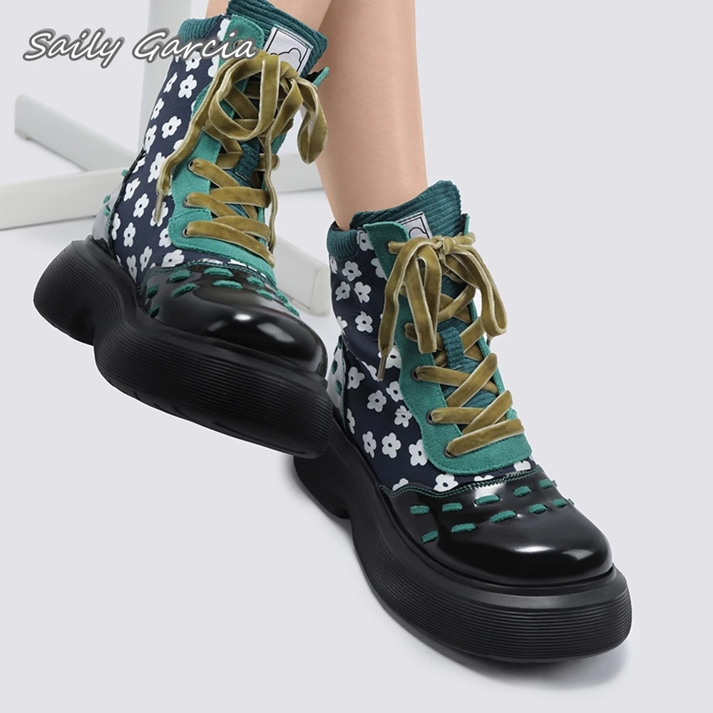 

Mixed Color Flower Pattern Lace Up Mid Calf Boots 2024 New Fashion Glossy All-Match Boots Round Toe Platform Women Casual Boots