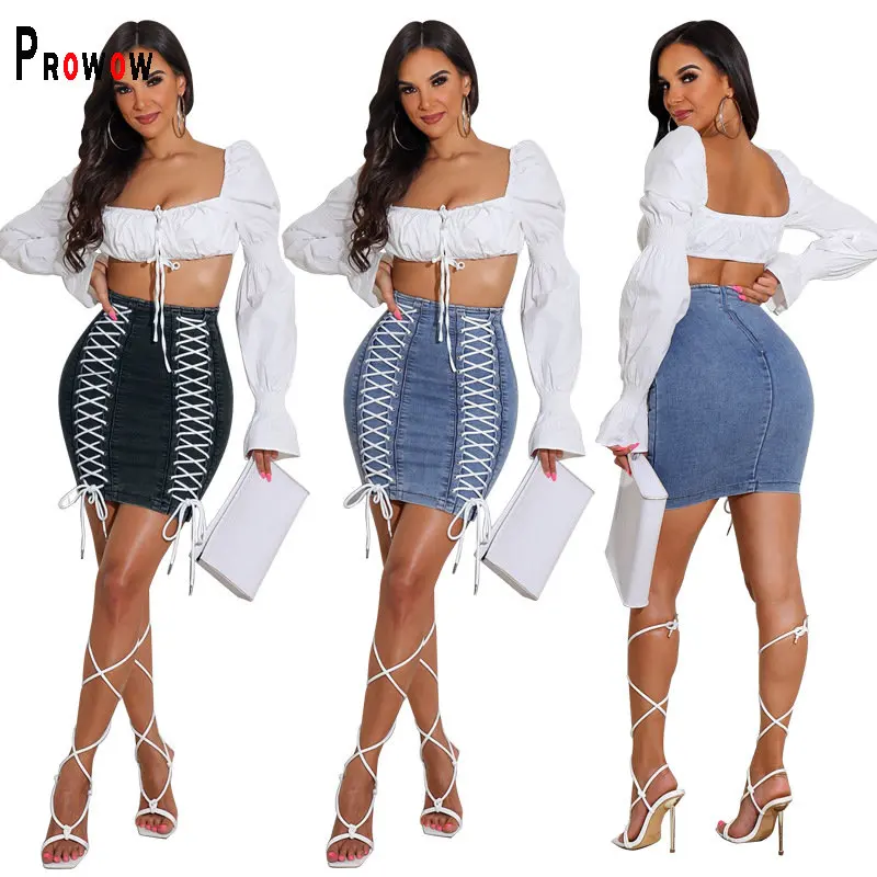 

Prowow Women Skirts Fashion Criss-Cross Lace Up Denim Skirt for Lady 2023 New Design High Waisted Zipper Bottoms Y2k Clothing