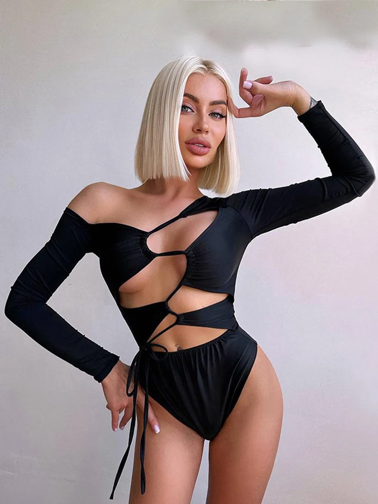 

Sibybo Women Bodysuit Sexy Strappy Cutout Bodysuit Personalized Solid Color Sloping Shoulder Long-sleeved T-shirt Women Clothing