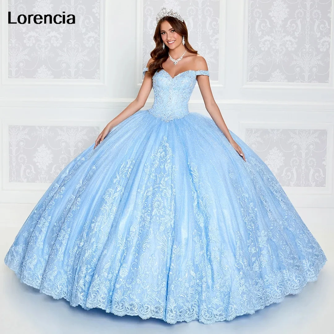 

Lorencia Shiny Blue Quinceanera Dress Ball Gown Lace Applique Beading Crystals Mexico Corset Sweet 16 Vestidos De 15 Años YQD791