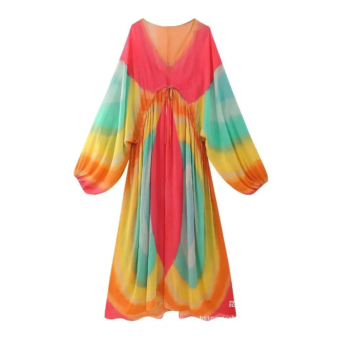 Women Summer Tie Dye Contrasting Color Dress Holiday Female V Neck Lace Up Loose Long Dresses New Lady Beachwear Vestido
Women Summer Tie Dye Contrasting Color Dress Holiday Female V Neck Lace Up Loose Long Dresses New Lady Beachwear Vestido